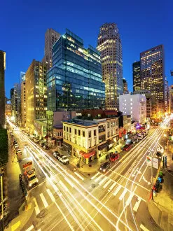 Traditionally American Gallery: Busy Pine and Kearny Street at night, San Francisco Financial District, California