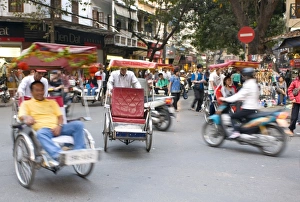 Commuters Prints: Busy street with rickshaw drivers, Hanoi, Vietnam, Indochina, Southeast Asia, Asia