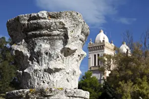 Ancient Ruins Prints: Byrsa Hill, St. Louis Cathedral Towers and Ruins of sculpted pillar in the Punic Quarter