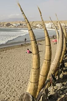 Images Dated 11th December 2011: Caballitos de totora or reed boats on the beach in Huanchaco, Peru, South America