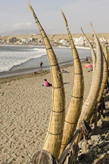 Traditionally South American Prints: Caballitos de totora or reed boats on the beach in Huanchaco, Peru, South America