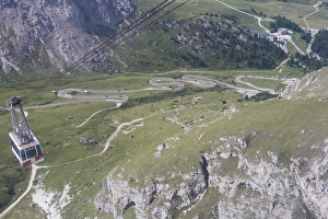 Gruppo Del Sella Prints: Cable car ascending to Gruppo del Sella Mountains