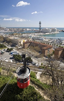 Cable car across to the port, Transbordador Aeri del Port, with view across the harbour from Montjuic, Barcelona Cable car across to the port, Transbordador Aeri del Port, with view across the harbour from Montjuic, Barcelona