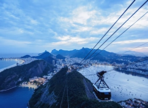 Typically Brazilian Prints: Cable Car to Sugarloaf Mountain at twilight, Rio de Janeiro, Brazil, South America