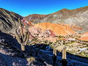 Mountainscape Prints: Cactus on hills above the town of Purmamarca with red rock mountains on background