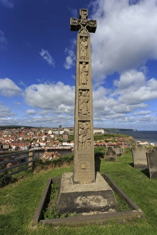 Gravestone Prints: Caedmons Cross in the Celtic style, St. Marys Churchyard, Whitby, North Yorkshire