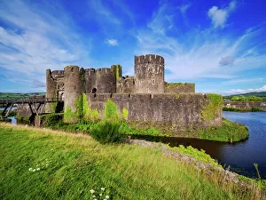History Enthusiasts Prints: Caerphilly Castle and Moat, Caerphilly, Gwent, Wales, United Kingdom, Europe