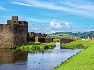 Heritage Tourism Prints: Caerphilly Castle and Moat, Caerphilly, Gwent, Wales, United Kingdom, Europe
