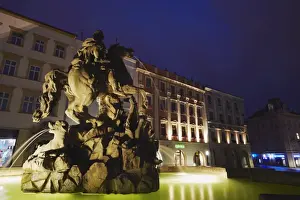 Horse Back Prints: Caesars Fountain in Upper Square (Horni Namesti) at dusk, Olomouc