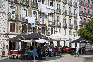 Pavement Cafes Prints: Cafe on Bacalhoeiros Street in the Alfama District, Lisbon, Portugal, Europe