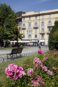 Park Bench Prints: Cafe and gardens, Como, Lake Como, Lombardy, Italy, Europe