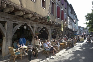 Images Dated 3rd August 2007: Cafe and half-timbered buildings, Place de la Couverts, Mirepoix, Ariege