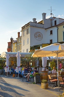 Cafes Prints: Cafe, Presernovo nabrezje, Old Town, Piran, Primorska, Slovenian Istria, Slovenia, Europe