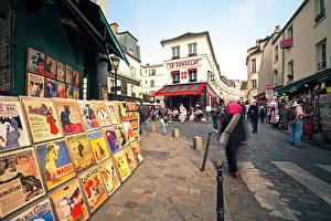 Colourful Prints: Cafe and street scene in Montmartre, Paris, France, Europe