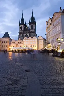 Cafes on the Old Town Square in the evening, with the Church of Our Lady before Tyn in the background, Old Town, Prague, Czech