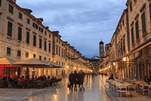 Pedestrian Prints: Cafes on Stradun (Placa), pedestrian promenade, evening blue hour, Old Town, Dubrovnik