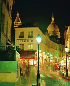 Restaurant Prints: Cafes and street at night, Montmartre, Paris, France, Europe