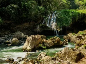 Wetlands Prints: Cahabon River waterfall flows over rocks in Semuc Champey natural monument in Lanquin Alta Verapaz Guatemala