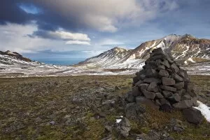 Images Dated 24th October 2008: Cairn and mountains in Brunavik valley, a favourite for hikers, Borgarfjorur Eystri fjord