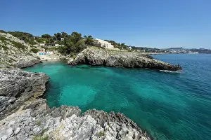 Puglia Prints: Cala dell Acquaviva beach and rocky cove looking along coast to Castro