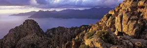 Corsica Prints: Calanques de Piana and view across the Gulf of Porto at sunset, Piana, Corsica, France