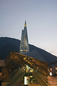 Andorra Prints: Caldea Hot Spring Complex lit up in the evening, Andorra La Vella, Andorra, Europe