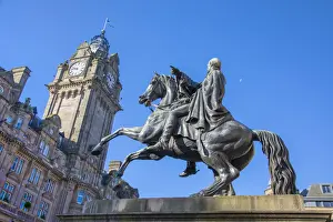 Clock Towers Prints: Caledonian Hotel and statue of Arthur Wellesley (1st Duke of Wellington), Edinburgh