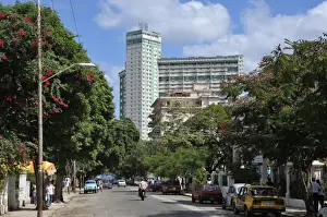 Vedado Prints: Calle 17 (17th Street) leading to the Focsa Building built in 1956, Vedado