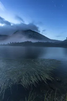 Mountain Pass Prints: Calm water of Hopschusee lake during blue hour, Simplon Pass, Valais Canton, Swiss Alps