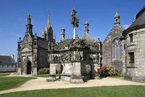 Calvary Prints: Calvary and church in the parish close, Guimiliau, Finistere, Brittany, France, Europe