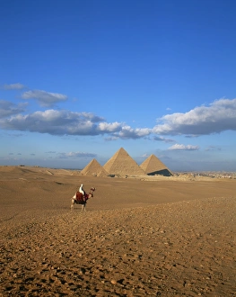 Images Dated 5th February 2008: Camel rider at Giza Pyramids, Giza, UNESCO World Heritage Site, Cairo, Egypt