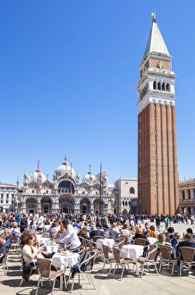 Piazza San Marco Prints: Campanile, Basilica di San Marco, Piazza San Marco, tourists and the cafes of St