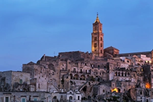 Campanile Prints: The Campanile and Cathedral at night in the Sassi area of Matera