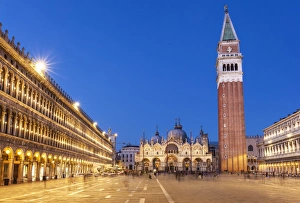 Campanile tower, Piazza San Marco (St. Marks Square) and Basilica di San Marco, at night