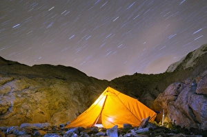Star Trail Prints: Camping on Monte Rosa moraine, Zermatt, Valais, Swiss Alps, Switzerland, Europe