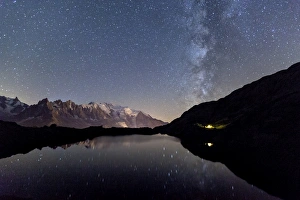 Alpine Scene Prints: Camping under the stars at Lac des Cheserys, Mont Blanc in centre, Europes highest peak