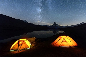 Canton Of Valais Prints: Camping under the stars with Matterhorn reflected in Lake Stellisee