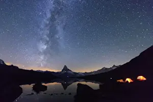 Stars Prints: Camping under the stars and Milky Way with Matterhorn reflected in Lake Stellisee