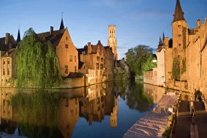 Images Dated 6th January 2000: Canal and Belfry Tower in the evening, Bruges, Belgium, Europe