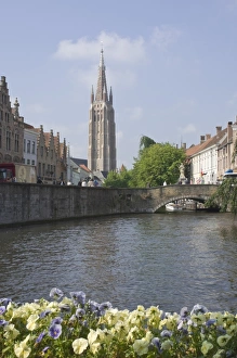 Brugge Prints: Canal scene with the spire of the Church of Our Lady, Brugge, Belgium, Europe