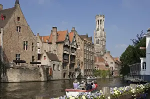 Belfry Tower Prints: Canal view with a tour launch, Flemish gables and the Belfry tower