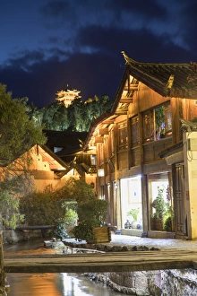 Yunnan Prints: Canalside buildings at dusk, Lijiang, UNESCO World Heritage Site, Yunnan, China, Asia