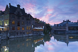 Flanders Prints: Canalside cafes on Leie Canal at sunset, Ghent, Flanders, Belgium, Europe