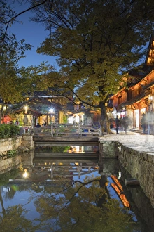 Yunnan Prints: Canalside restaurant at dusk, Lijiang, UNESCO World Heritage Site, Yunnan, China, Asia