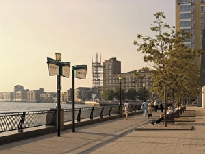 Docklands Prints: Canary riverside walk alongside River Thames, Canary Wharf, Docklands, London