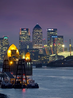 Docklands Prints: Canary Wharf and Docklands skyline from Woolwich, London, England, United Kingdom, Europe