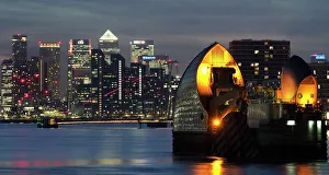 High Rises Prints: Canary Wharf, Docklands, and Thames Barrier at dusk