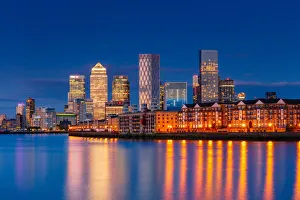 Canary Wharf Prints: Canary Wharf and Rotherhithe at sunset, Docklands, London, England, United Kingdom