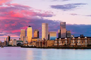Canary Wharf and Rotherhithe at sunset, Docklands, London, England, United Kingdom