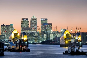 Office Building Prints: Canary Wharf with Thames Barrier, London, England, United Kingdom, Europe